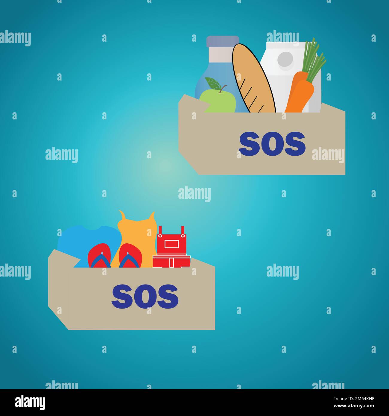 Deux boîtes en carton avec mot sos écrit sur elles, l'une avec de la nourriture et l'autre avec des vêtements Illustration de Vecteur