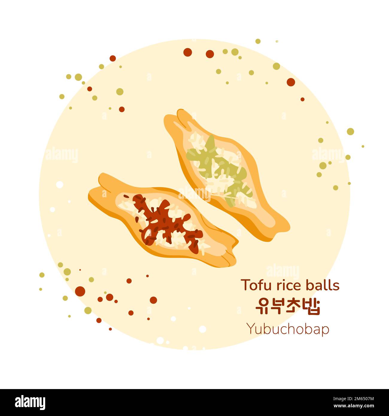 Balles de riz tofu traditionnel coréen avec différentes affiches de remplissage. Yubuchobap coréen. Traduction de boules de riz tofu coréennes. Cuisine asiatique s Illustration de Vecteur