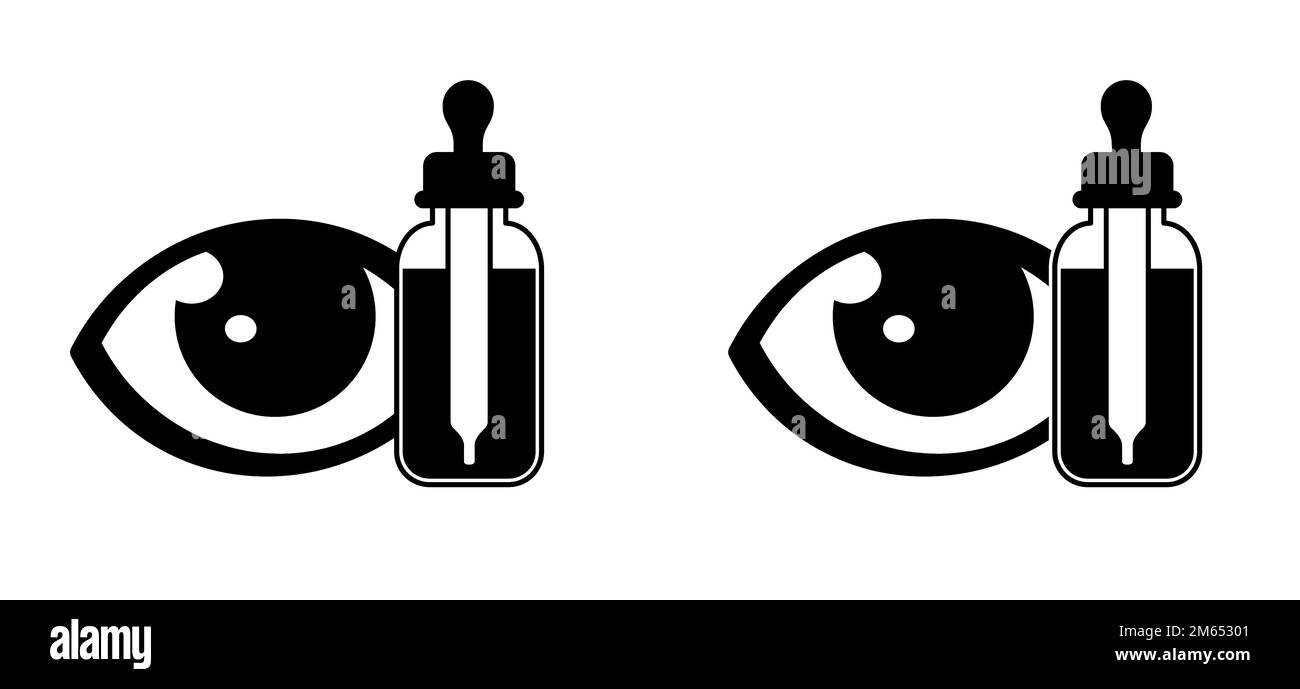 Pipette. Œil de dessin animé avec gouttes oculaires, ophtalmologie. Icône ou symbole du compte-gouttes pour les yeux. Gouttes bleues. Chute d'œil de ligne. Médicament goutte d'eau. Optomet Banque D'Images