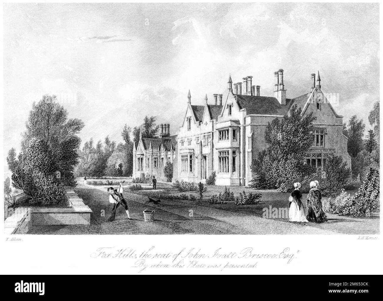 Une gravure de Fox Hills, The Seat of John Ivatt Briscoe Esq., Surrey, Royaume-Uni, a scanné à haute résolution à partir d'un livre imprimé en 1850. Banque D'Images
