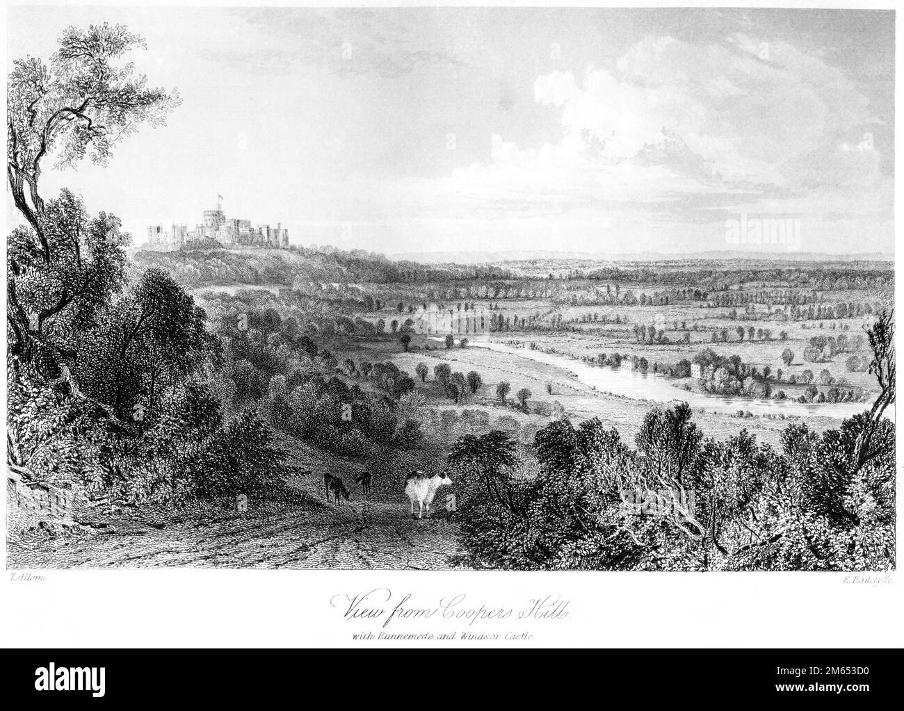 Une gravure d'une vue de Coopers Hill., Surrey avec Runnemede et Windsor Castle numérisée à haute résolution à partir d'un livre imprimé en 1850. Banque D'Images