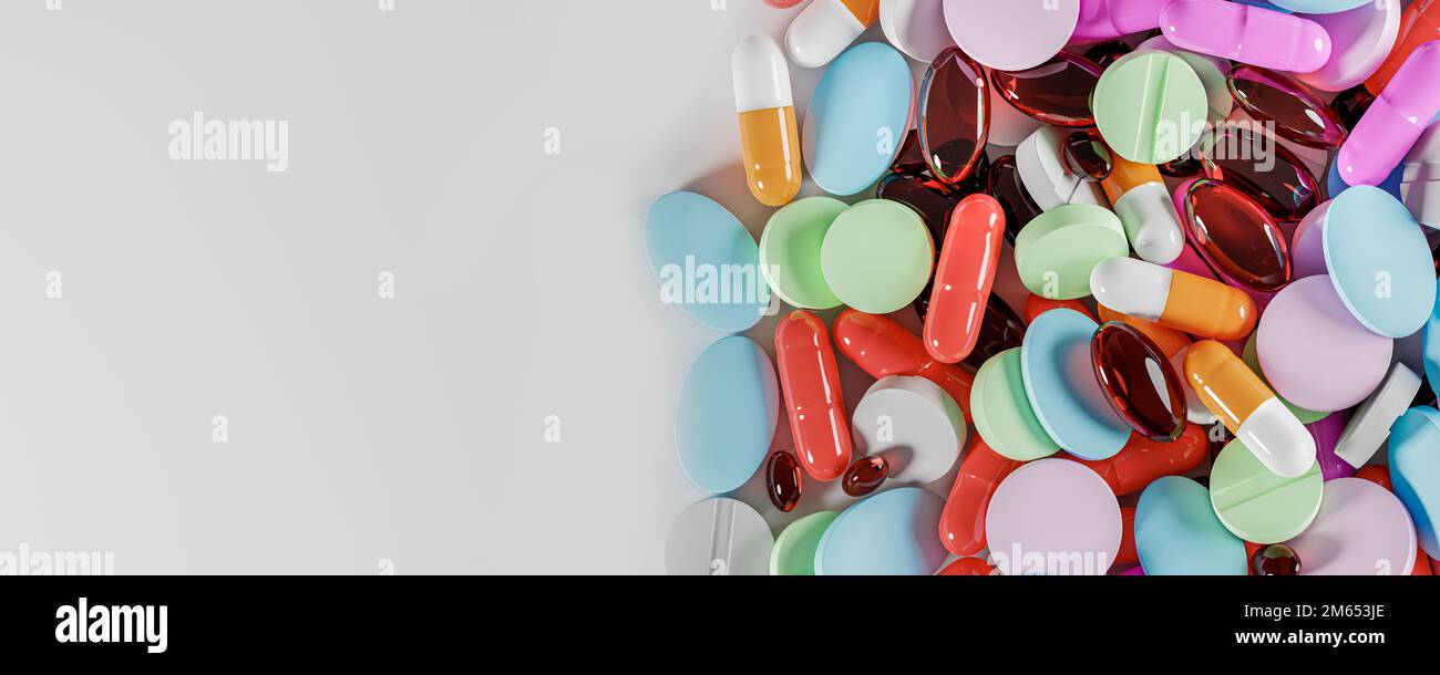 Fond de la pilule. Beaucoup de pilules colorées, des médicaments. Pharmacie, produits pharmaceutiques, suppléments et vitamines concept. Gros plan sur les comprimés, les comprimés et les capsules Banque D'Images