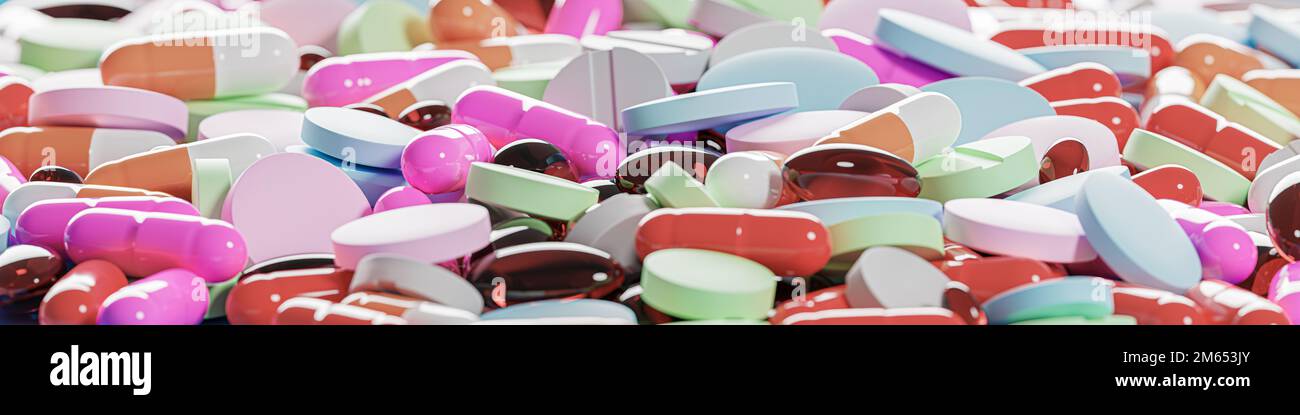 Fond de la pilule. Beaucoup de pilules colorées, des médicaments. Pharmacie, produits pharmaceutiques, suppléments et vitamines concept. Pilules, comprimés et capsules large Backgro Banque D'Images