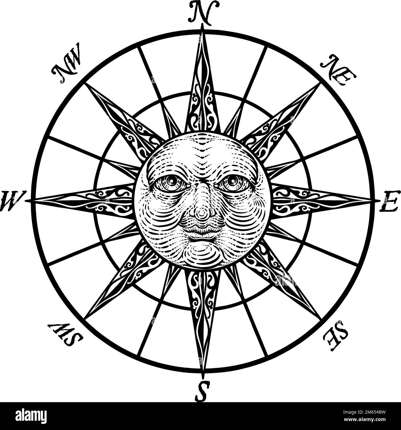 Compass Sun face gravure Rose Woodcut dessin Illustration de Vecteur