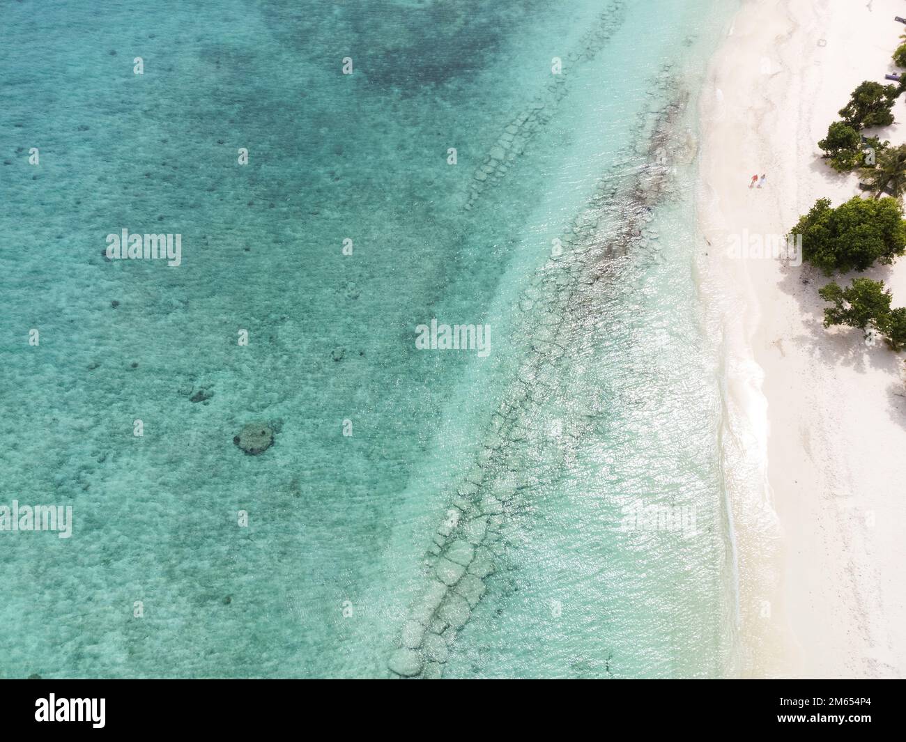 Maldives paysage paradisiaque. Paysage tropical aérien, paysage marin avec longue jetée, villas aquatiques avec mer et plage de lagon incroyables, nature tropicale. Exoti Banque D'Images