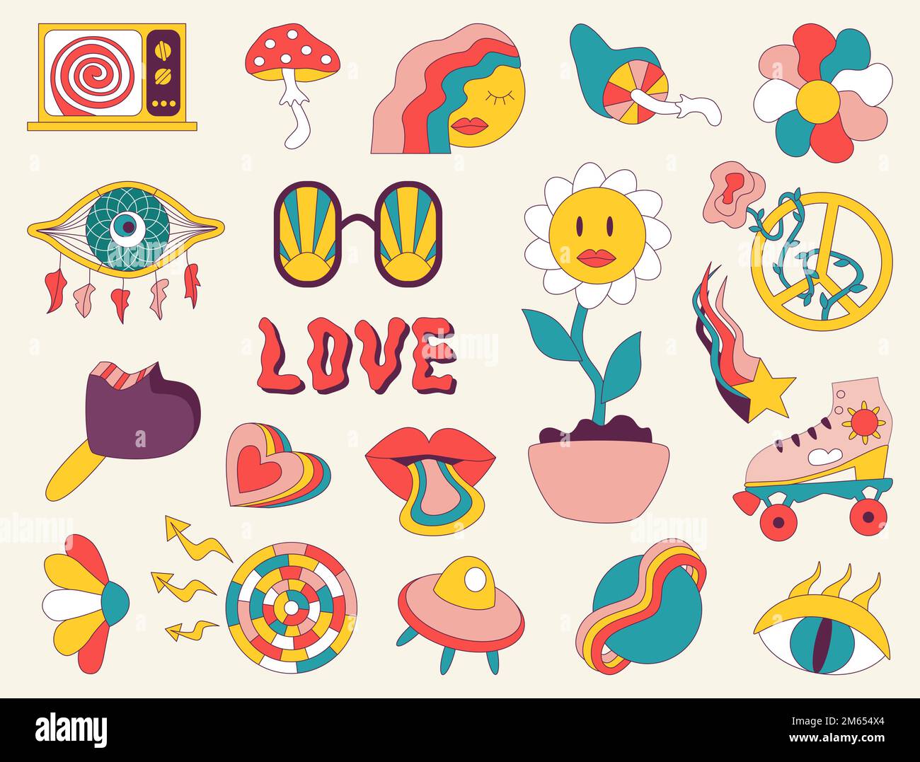 1970 éléments vintage groovy love peace. 1960 style hippie rétro. Positive psychédélique champignons rêve Catcher Daisy arc-en-ciel entendre, boule disco icecream Illustration de Vecteur