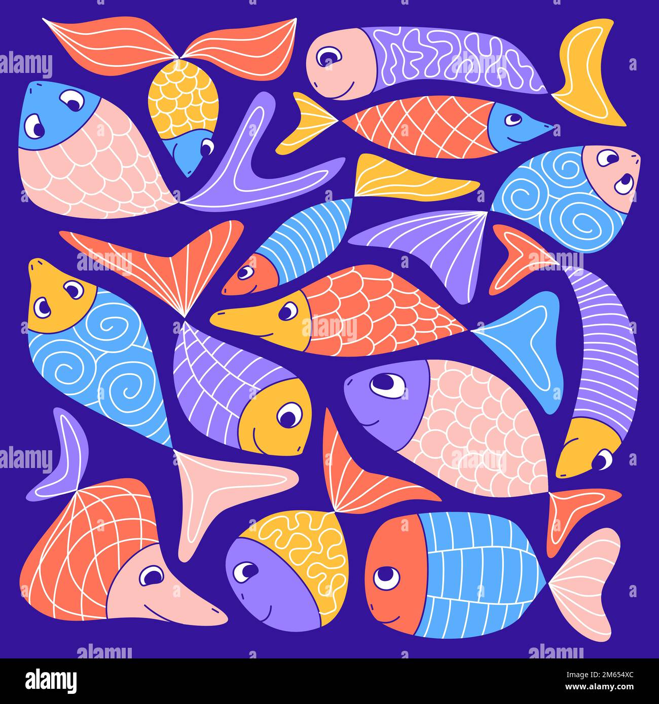 Adorable poisson d'aquarium coloré. Amusant enfant naïf style abstrait. Sardines à motifs, hareng, guppies, poissons rouges. Composition carrée. Vie marine s Illustration de Vecteur