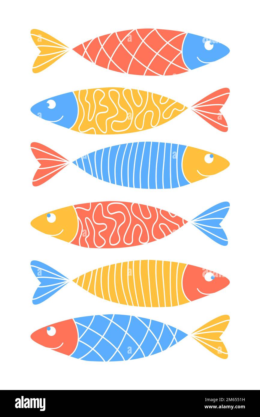 Affiche verticale avec de jolies sardines à motif de caniche. Ensemble de poissons à zentrangle coloré. Motifs de hareng. Décoration murale amusante pour la garderie d'enfants, art positif, se Illustration de Vecteur