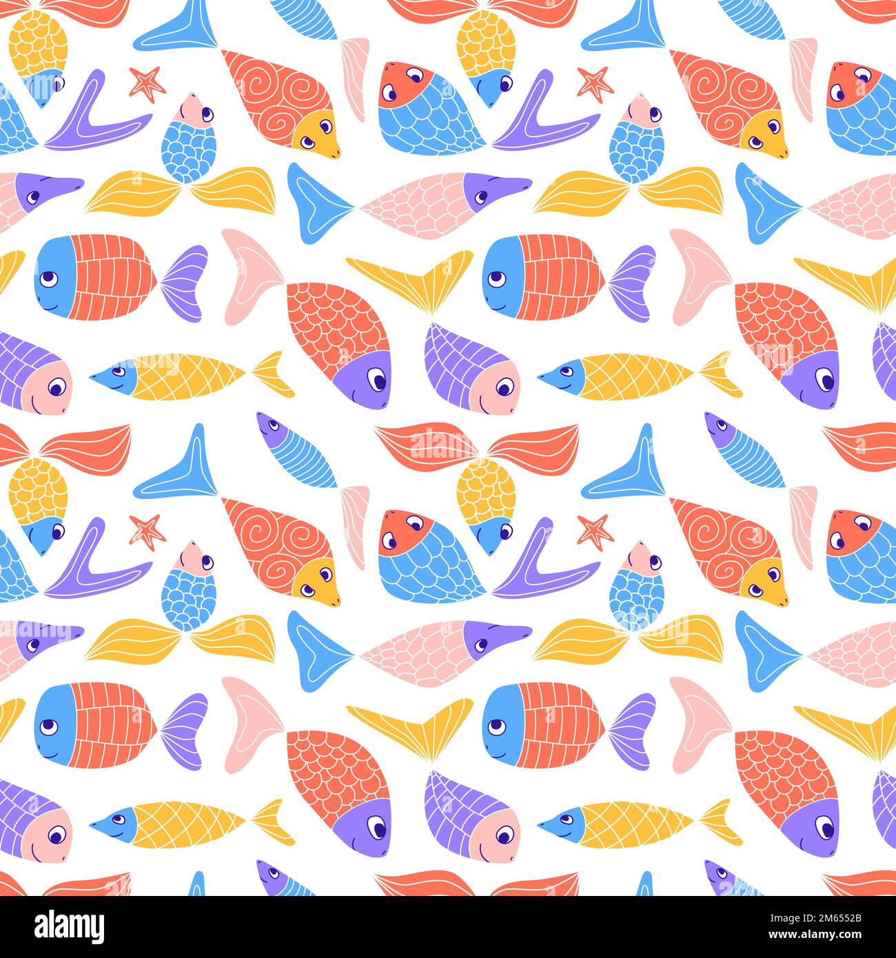 Joli motif coloré sans couture avec joli poisson en forme de doodle. Drôle enfants naïf résumé aquarium fond. Sardines à motifs de Zenangle, hareng, guppies, g Illustration de Vecteur