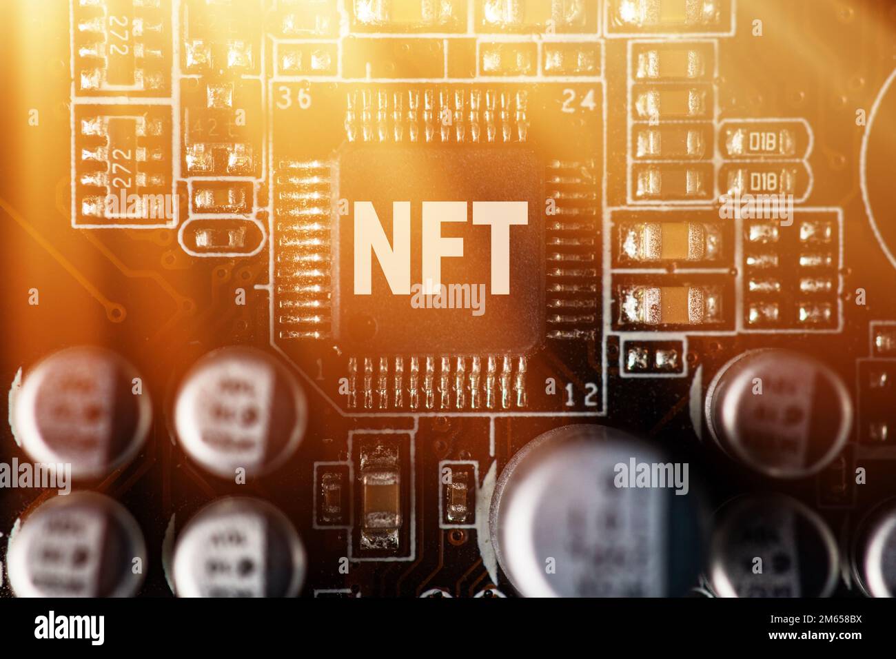 Jeton non fongible NFT. NFT sur la carte mère. Concept Crypto art. Technologie vendant des collectibles uniques, des personnages de jeux, des actifs de blockchain et digita Banque D'Images