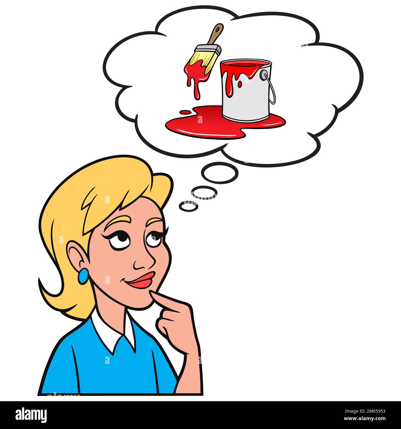 Fille penser à la peinture - Une illustration de dessin animé d'une fille penser à un seau de peinture et de pinceau. Illustration de Vecteur