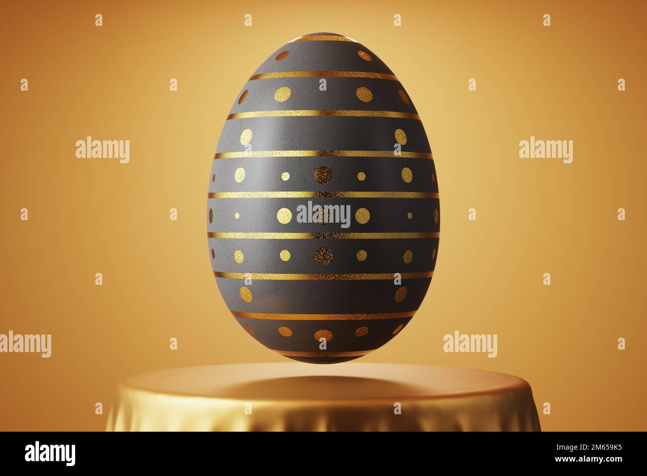 Carte de Pâques. Oeuf de Pâques noir avec lignes et cercles dorés peints. Œuf de Pâques sur fond de tissu doré. 3d rendu.. Banque D'Images
