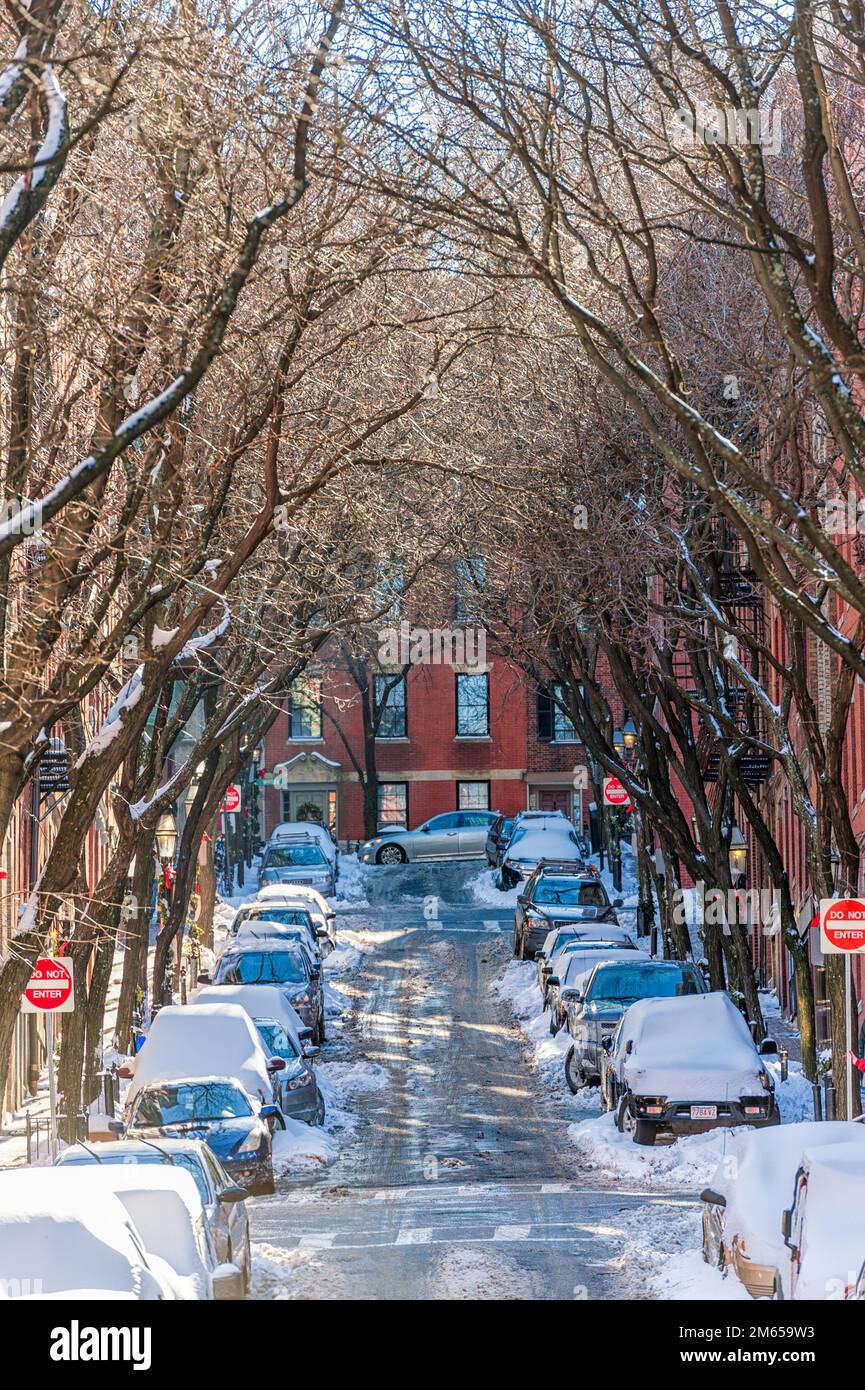 Boston Snowy Street. Massachusetts, États-Unis Banque D'Images