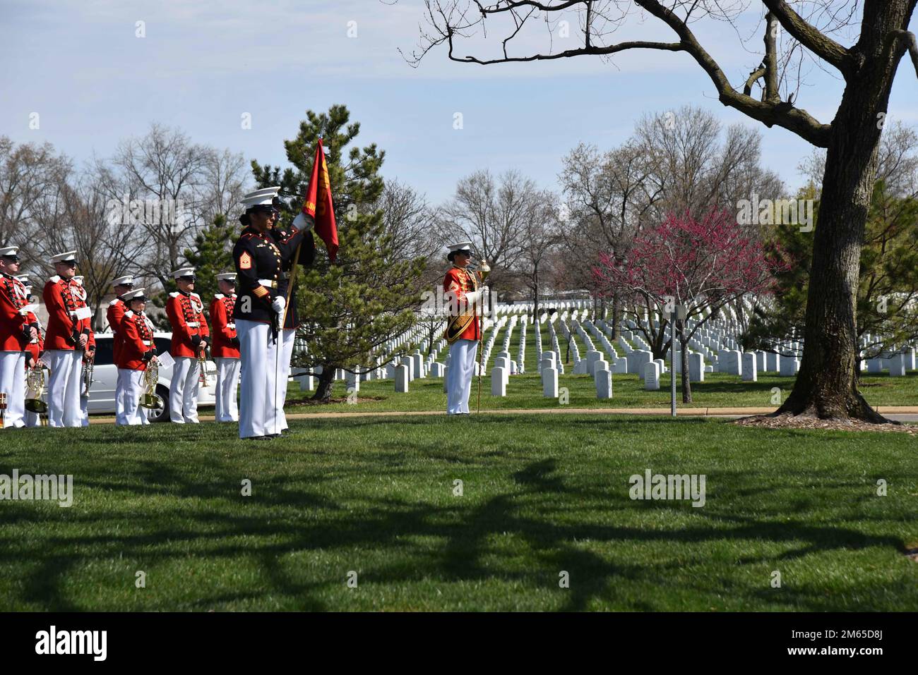 William E. Rambo, 20 ans, du corps maritime tué pendant la Seconde Guerre mondiale, a été mis au repos au cimetière national d'Arlington, à Arlington, en Virginie, en 4 avril 2022. En novembre 1943, Rambo était membre de la Compagnie H, 2nd Bataillon, 8th Marine Regiment, 2nd Marine Division, Fleet Marine Force, Et fut tué lors de la bataille de Tarawa, le 20 novembre 1943. Il a été représenté par DPAA sur 24 juin 2019. (Photo par le Sgt. 1st classe Sean Everette) Banque D'Images