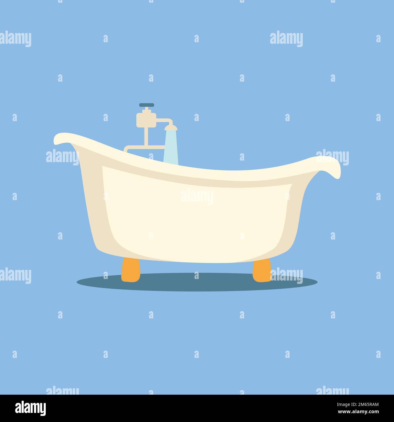 Salle de bains avec baignoire blanche et eau courante. Bain vintage sur fond bleu Illustration de Vecteur