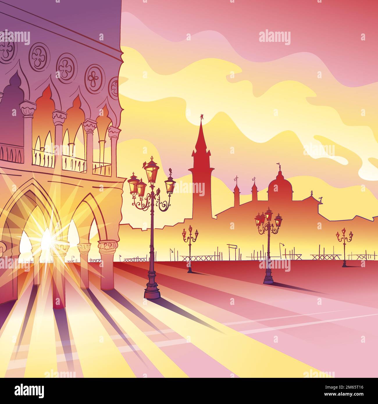 Palais de Doge et colonne de San Marco sur Piazzeta San Marco au lever du soleil à Venise, Italie. San Giorgio di Maggiore en arrière-plan. Illustration de Vecteur