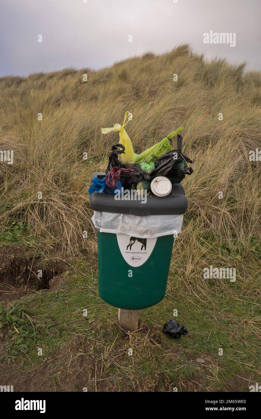 Les chiens gaspillent la poubelle sur la plage à Ynyslas à l'estuaire de Dyfi, près de Borth et Aberystwyth, Ceredigion, pays de Galles, Royaume-Uni Banque D'Images