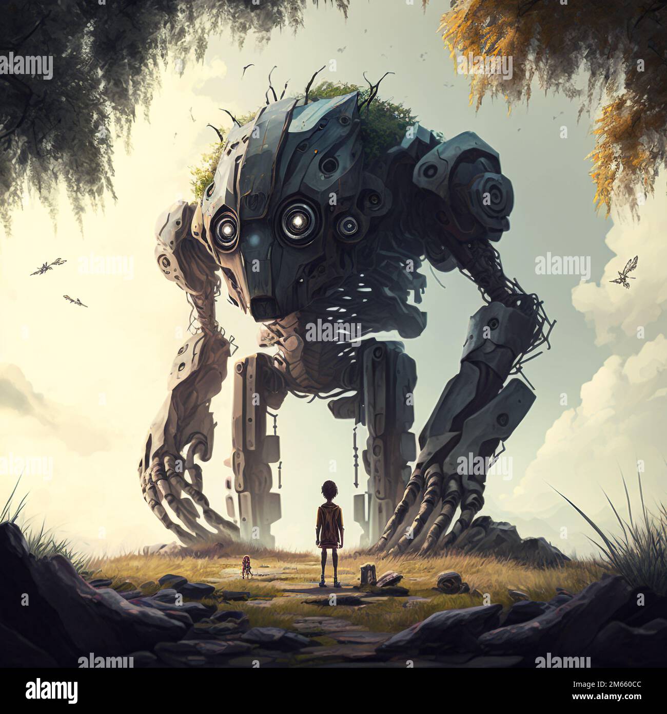 Petit garçon debout devant un robot de sciencefiction géant. Science fiction monde. Créé avec l