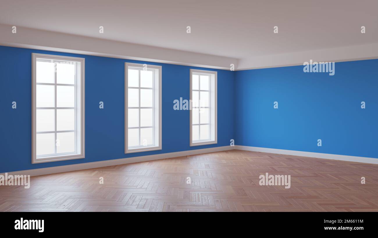 Magnifique intérieur vide avec murs bleus, trois grandes fenêtres, parquet brillant à chevrons et un pied blanc. Concept de la chambre non meublée. 3D rendu, 8K Ultra HD, 7680 x 4320, 300 dpi Banque D'Images
