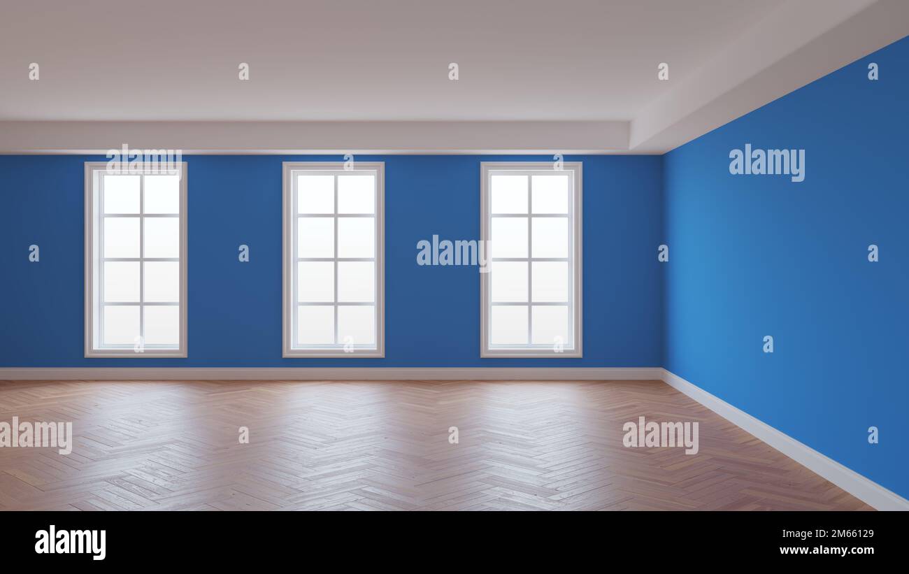 Chambre avec murs bleus, plafond blanc et Conrnice, trois grandes fenêtres, parquet à chevrons et Plinth blanc. Magnifique concept de l'intérieur, illustration 3D. 8K Ultra HD, 7680 x 4320, 300 dpi Banque D'Images