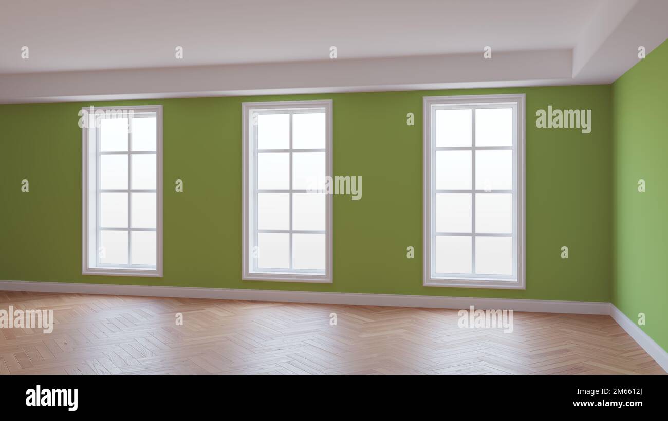Murs verts intérieurs, trois grandes fenêtres, parquet brillant à chevrons et papier blanc. Magnifique concept non meublé de la chambre. Rendu 3D, Ultra HD 8K, 7680x4320, 300 dpi Banque D'Images