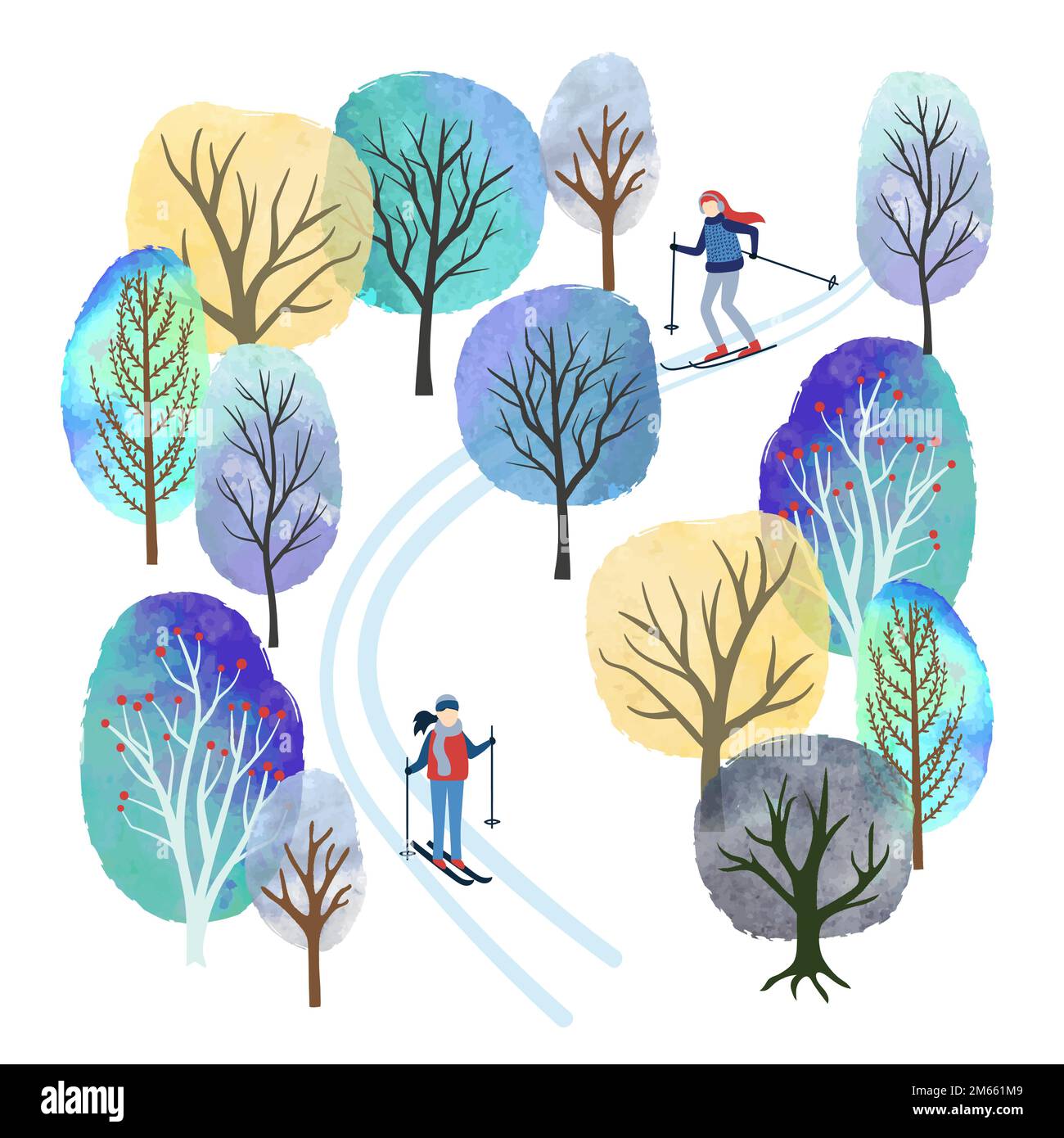 Paysage d'hiver avec skier personnes vector aquarelle illustration. Activités de plein air. Motif carte de Noël. Illustration de Vecteur