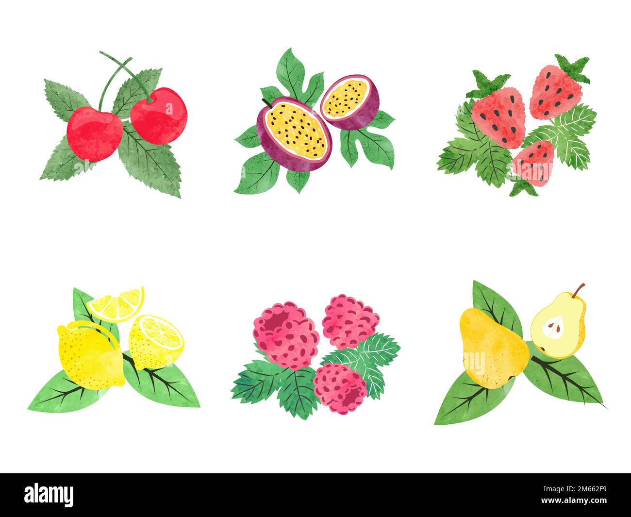 Ensemble de fruits aquarelle. Illustration vectorielle de la cerise, de la poire, de la fraise, de la framboise et du citron avec feuilles. Illustration de Vecteur