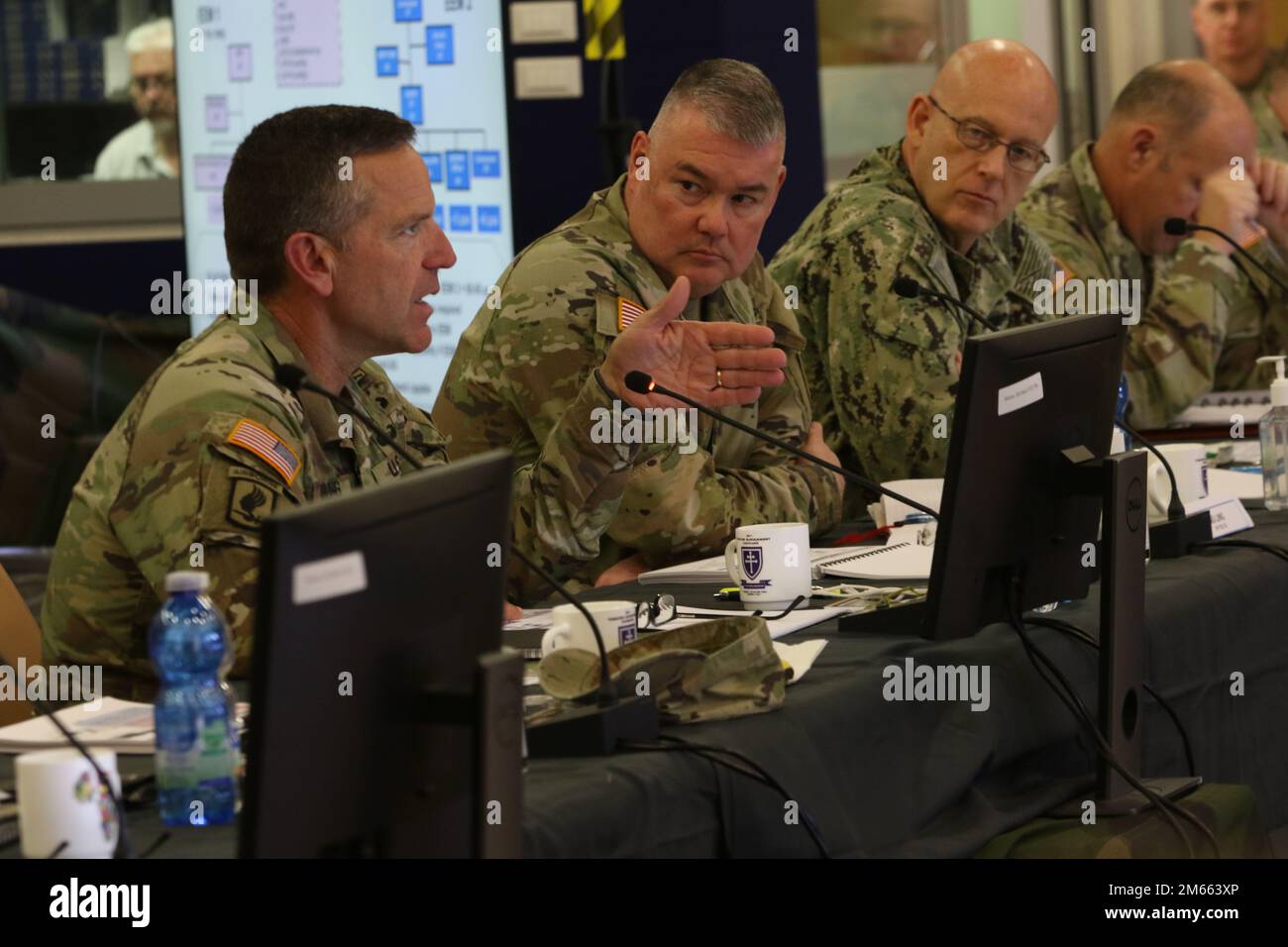 Le général de division David W. Ling, commandant général du TSC 79th, discute des besoins en matière de logistique et de soutien avec des organismes partenaires, y compris joint Logistics Enterprise, y compris la Defense Logistics Agency, aux États-Unis Commandement de la transition, Commandement de la distribution du déploiement en surface, 3rd Division d'infanterie, 311th Commandement du soutien expéditionnaire, Force opérationnelle interarmées, Force opérationnelle pour l'Europe du Sud - Afrique (SETAF-AF) et 79th membres du personnel logistique du TSC. Banque D'Images