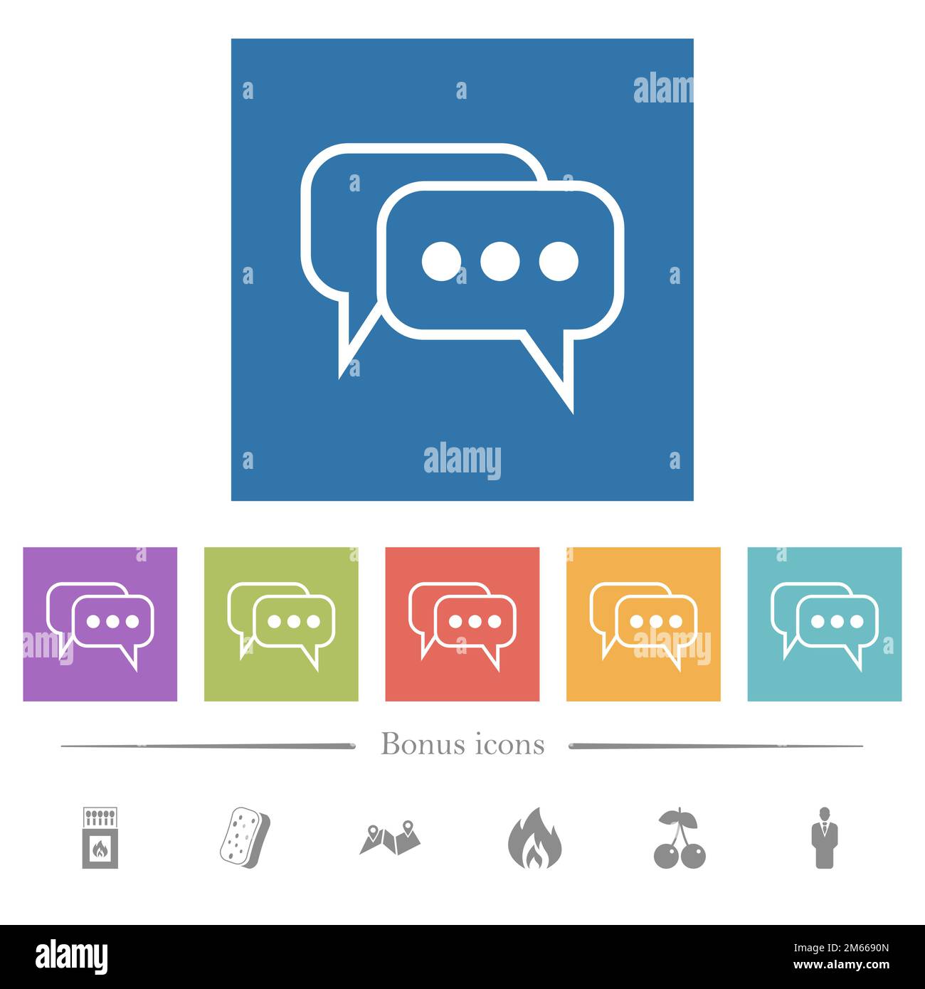 Deux bulles de chat actives carrées arrondies présentent des icônes blanches plates sur fond carré. 6 icônes bonus incluses. Illustration de Vecteur