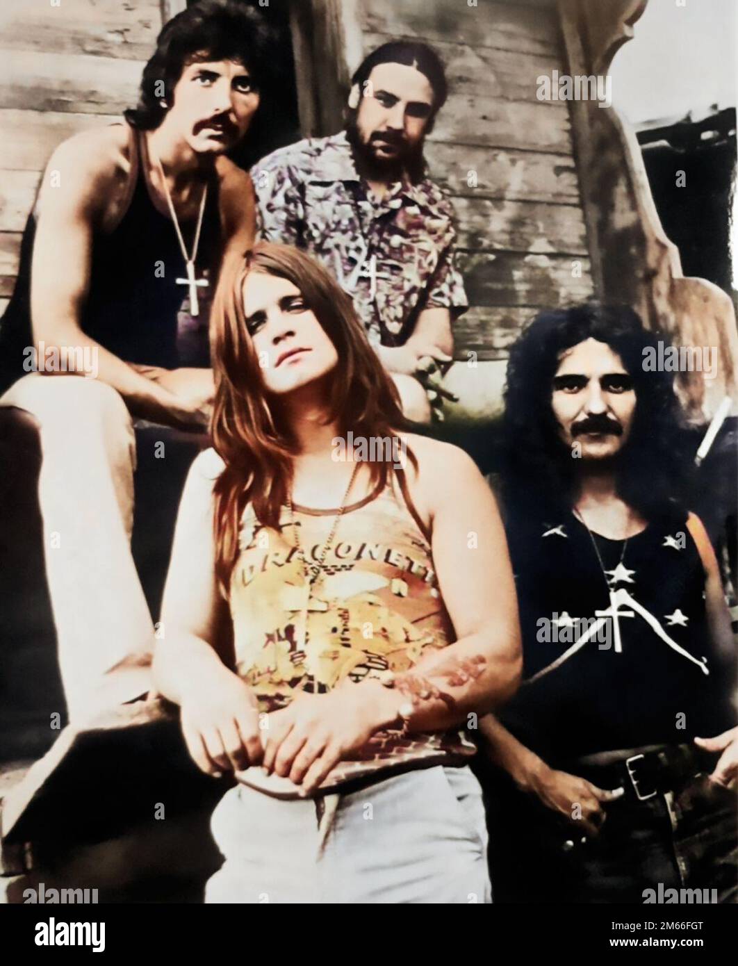Les rockers en métaux lourds, Black Sabbath, début 1970s (Iommi, Osbourne, Ward et Butler) colorisés Banque D'Images
