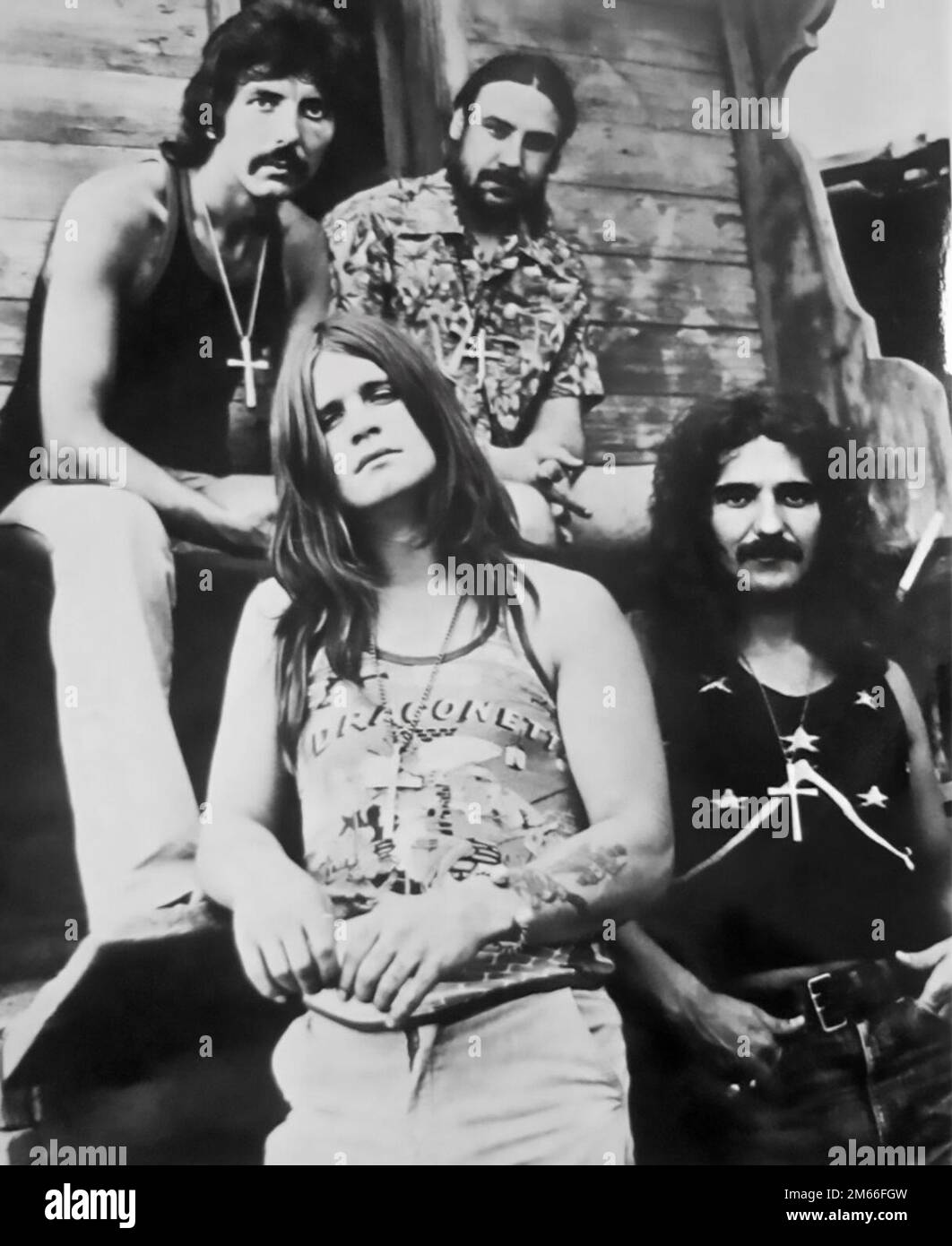 Rockers en métaux lourds, sabbat noir (Iommi, Osbourne, Ward et Butler) Banque D'Images