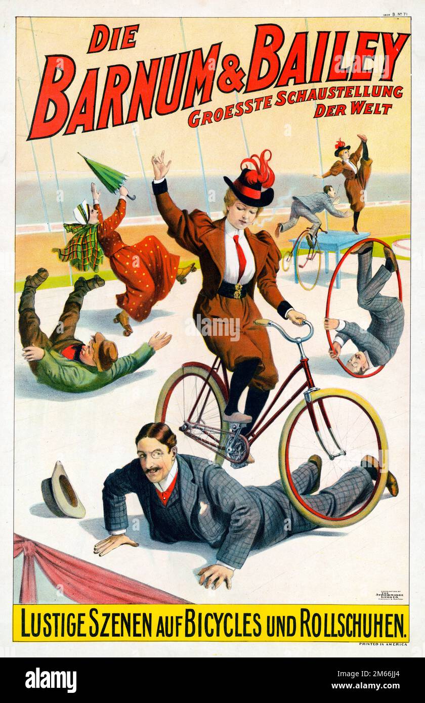 Affiche de cirque vintage - Die Barnum & Bailey Groesste Schaustellung der Welt - Lustige Szenen auf Bicycles und Rollschuhen. Banque D'Images