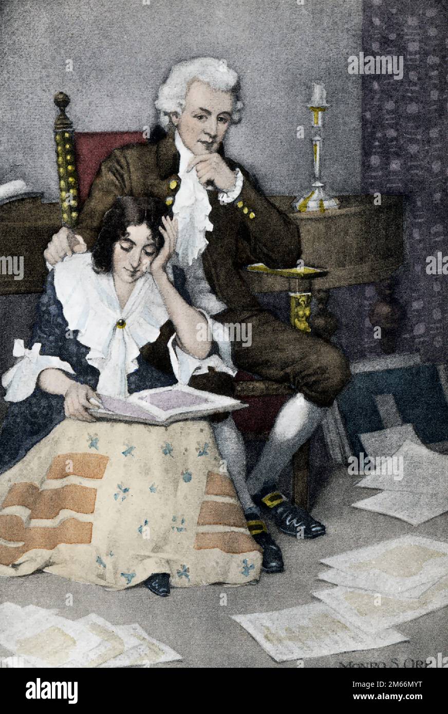 Cette illustration montre le compositeur autrichien Wolfgang Amadeus Mozart (1756-1791) et son épouse Constance. Mozart était un compositeur prolifique et influent de la période classique. Malgré sa courte vie, son rythme rapide de composition a donné lieu à plus de 800 œuvres de presque tous les genres de son temps. Banque D'Images