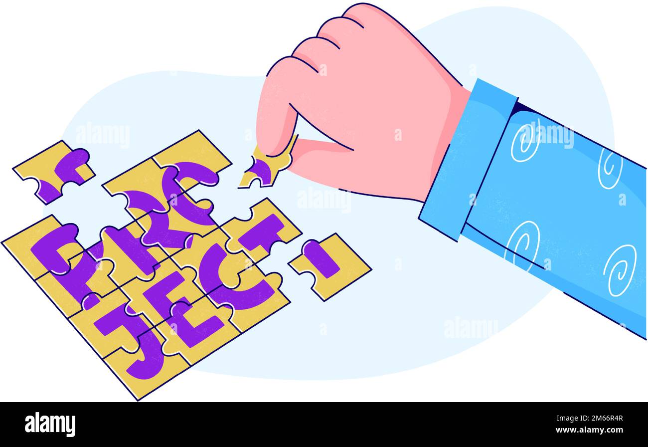 Personne mettant en place des éléments de puzzle. Planification de projet, concept de gestion du temps. Construire et terminer le projet par de petits morceaux. Travail efficace Illustration de Vecteur