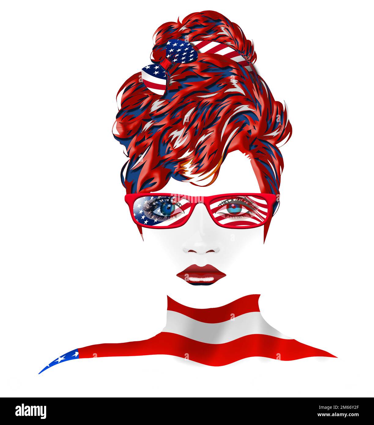 Une jeune femme patriotique a des cheveux, des lunettes et des vêtements rouges, blancs et bleus dans cette illustration de 3 jours sur le patriotisme aux Etats-Unis. Banque D'Images