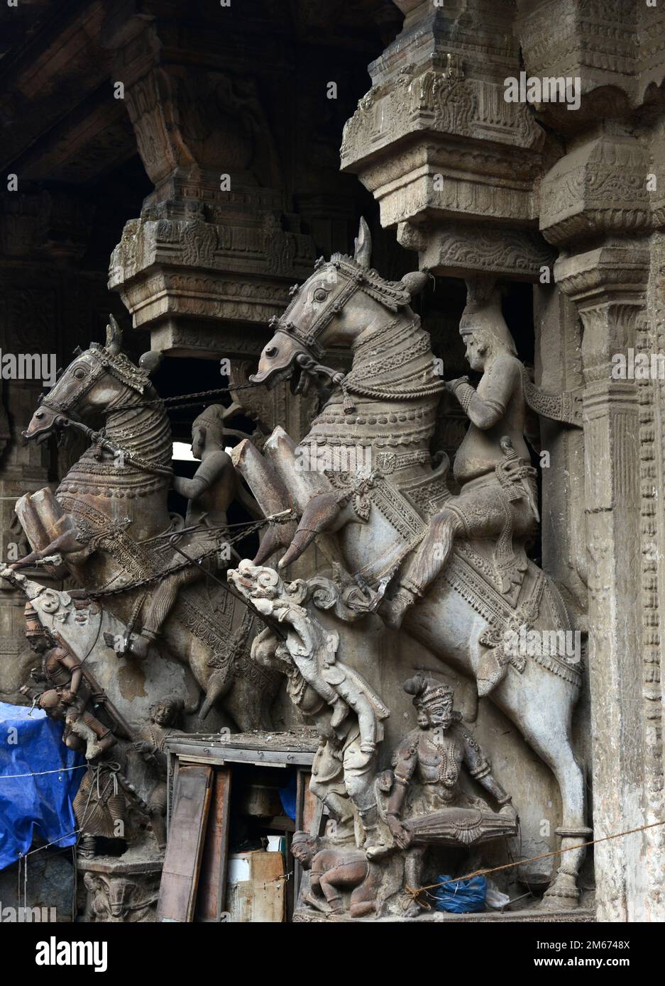 Piliers avec cavalier de cheval décorant le Temple Meenakshi Amman à Madurai, Tamil Nadu, Inde. Banque D'Images