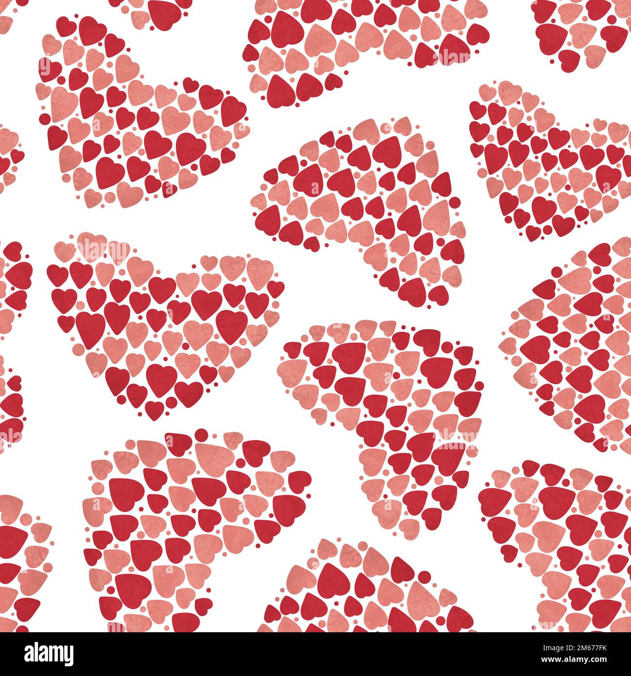 Motif sans coutures en petits coeurs. Coeurs plats rouges et roses sur fond blanc. Illustration matricielle pour le tissu, l'emballage, le textile, l'habillement, le papier peint. Banque D'Images
