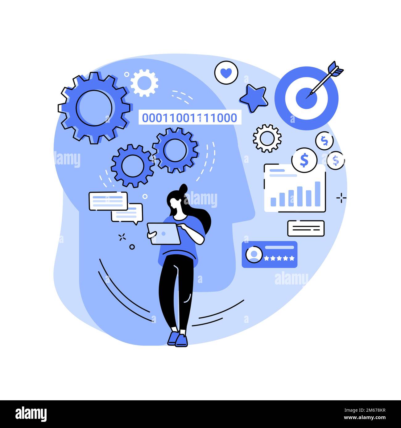 Illustration abstraite de vecteur de concept des outils marketing alimentés par l'IA. Recherche basée sur l'IA, automatisation des outils de marketing, recherche de commerce électronique, recommandation du client Illustration de Vecteur