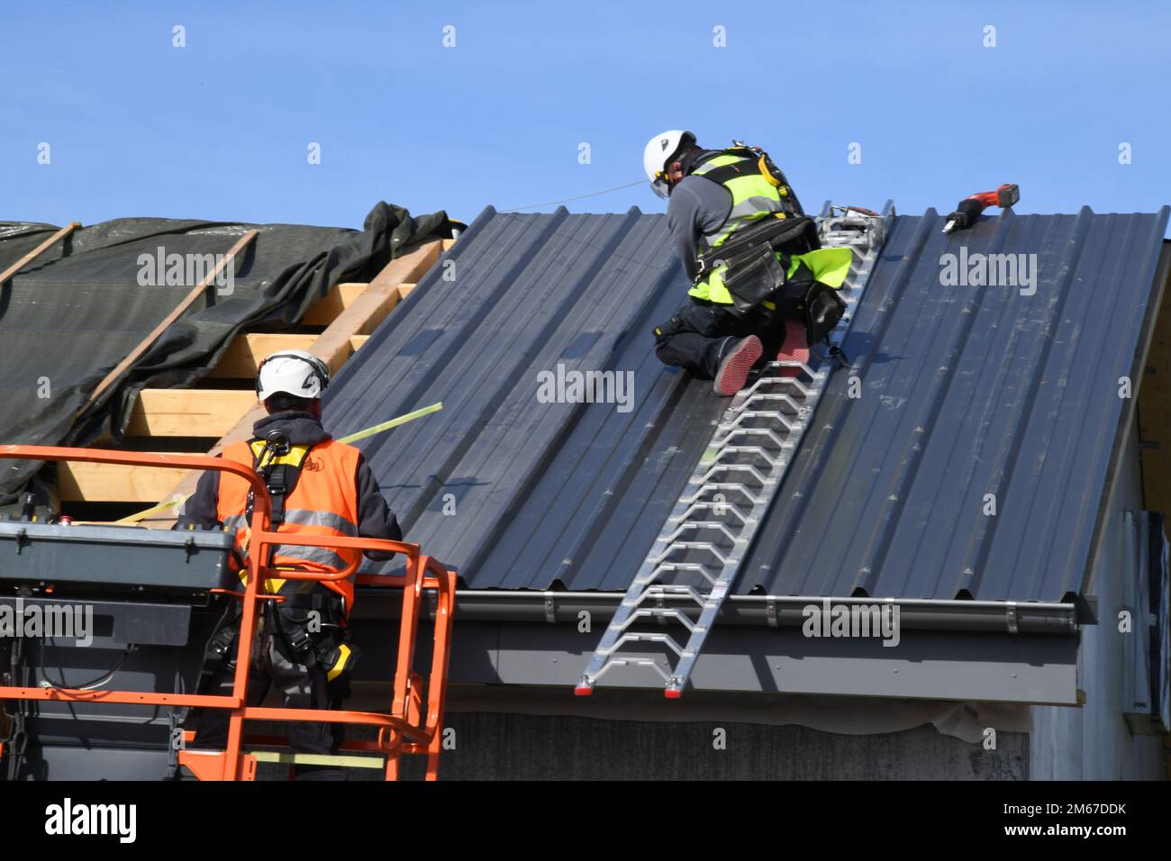 Les entrepreneurs de la société de construction belge "Tooces Bernard" vissent ensemble des panneaux sandwich de toit autoportants lors de la rénovation de Bldg 20029 sur la base aérienne de Chièvres, Belgique, 11 avril 2022. Banque D'Images