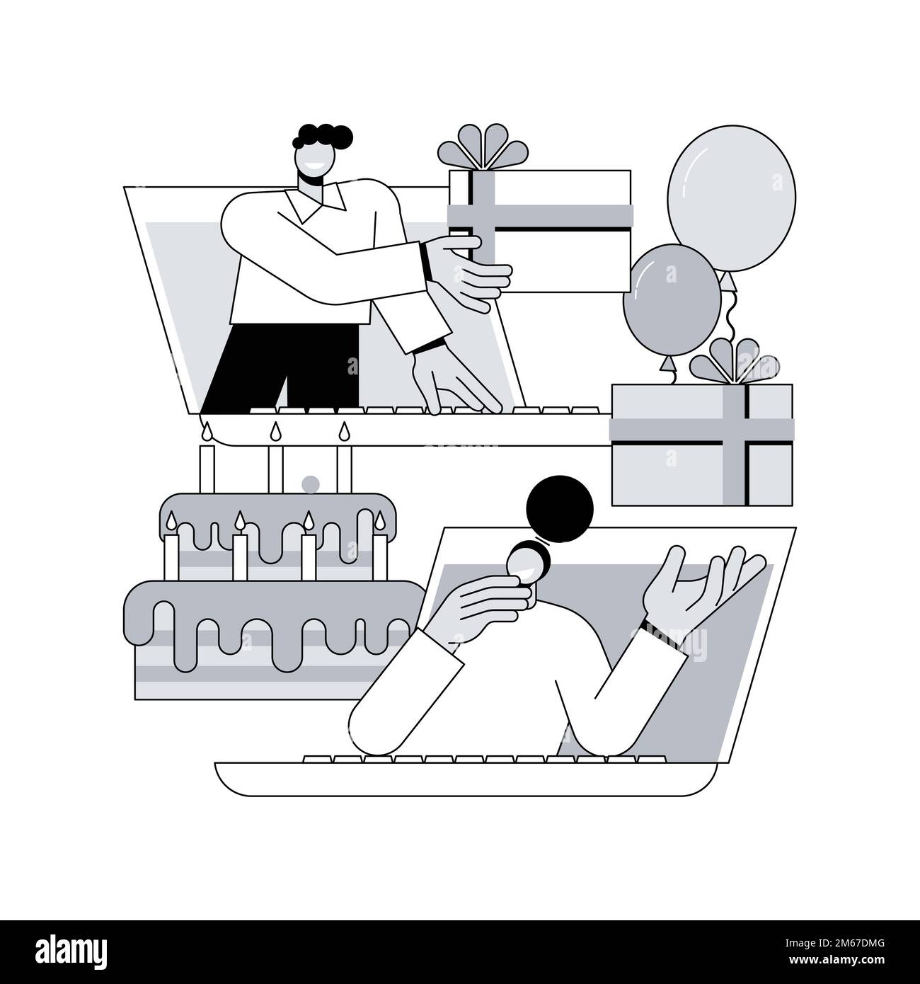 Partage de cadeaux en ligne résumé concept illustration vectorielle. Célébration en ligne, déballage du présent sur vidéo, envoi de voeux sur appareil photo, cadeau d'ouverture, Illustration de Vecteur