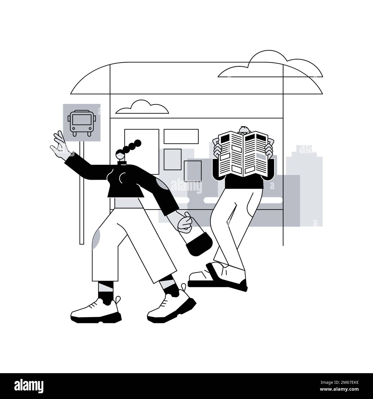 Illustration du vecteur de concept abstrait de la station de bus. Arrêt de bus, ramassage des passagers, dépôt de gare, voyageur en attente, personnes stressées, heure de pointe, Illustration de Vecteur