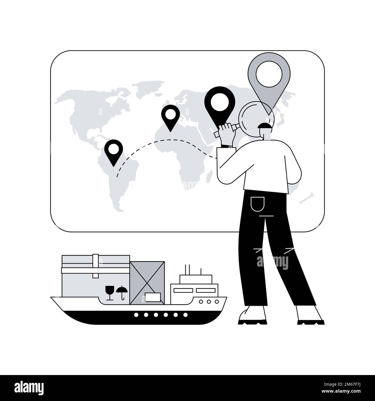 Illustration du vecteur de concept abstrait de suivi des navires. Numéro de navire, identification du navire maritime, emplacement de recherche, suivi du fret, trafic maritime, o Illustration de Vecteur