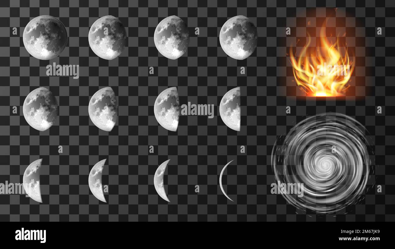 Les icônes météo ont isolé une illustration vectorielle réaliste. Éléments pour les prévisions météorologiques, cyclone avec nuages en spirale, différentes phases ou étapes d'éclipses lunaires, sécheresse ou risque d'incendie Illustration de Vecteur