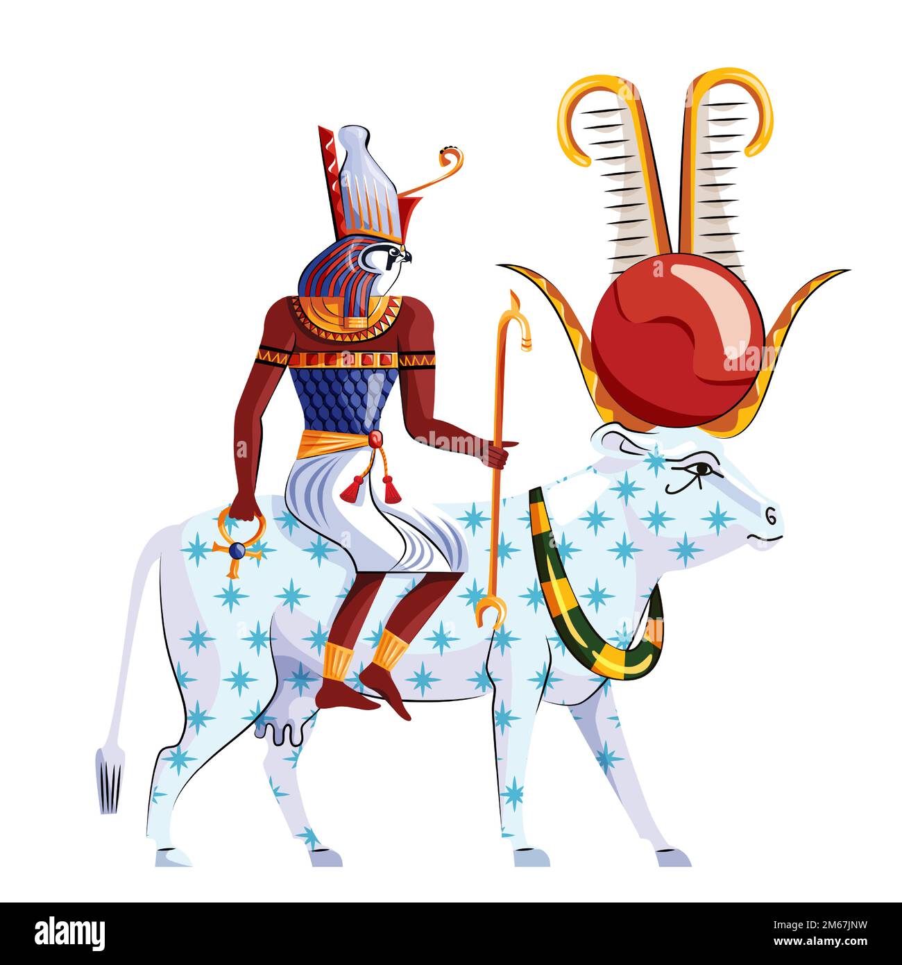 Vecteur de dessin animé de légende de l'Égypte ancienne. Symbole religieux de la culture égyptienne, Ra se trouve à l'arrière de la vache à étoiles, la déesse Nut, isolée sur fond blanc Illustration de Vecteur