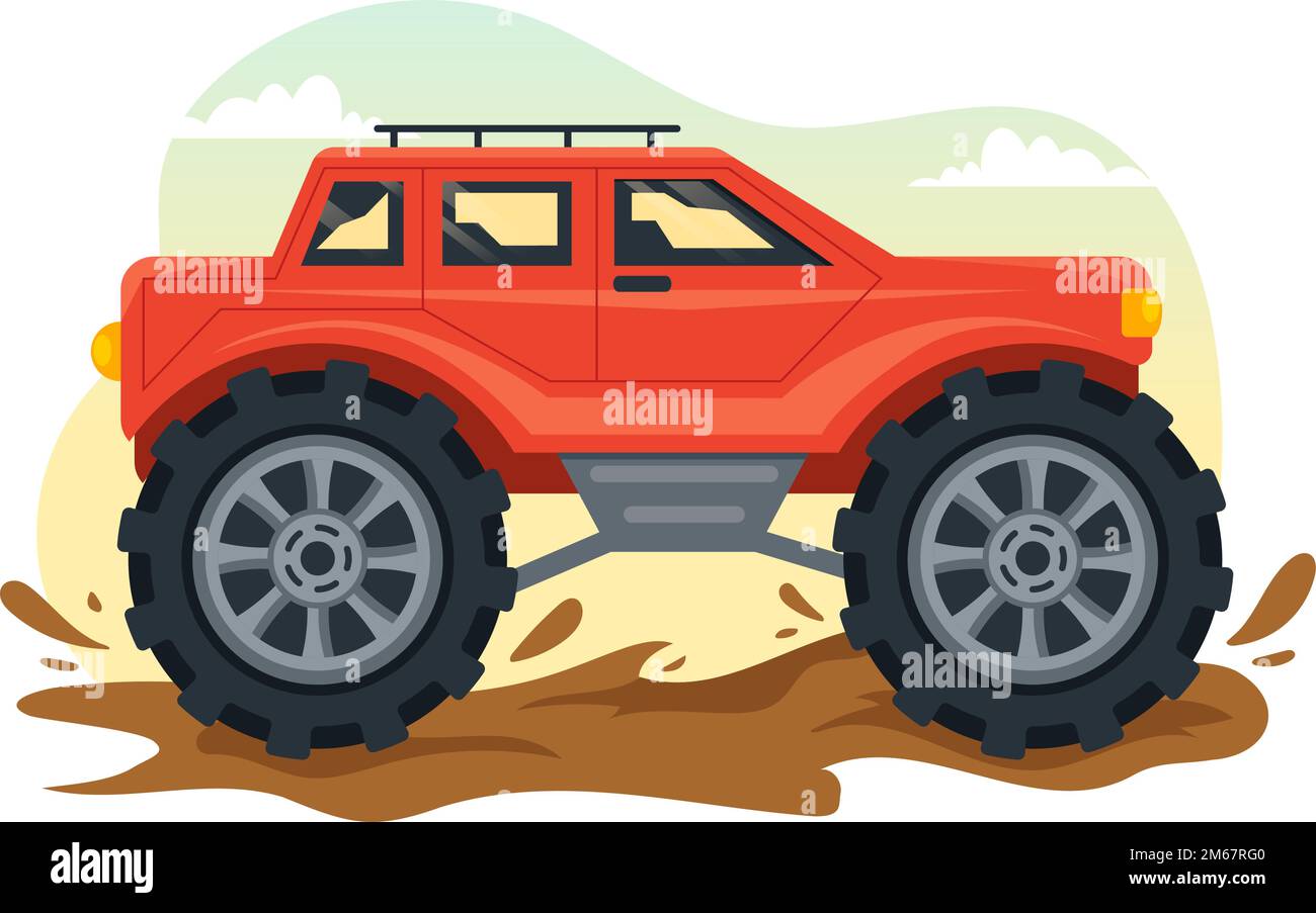 Illustration tout-terrain avec une voiture Jeep ou un vus pour traverser le terrain rocheux, les rivières et le sable dans des modèles tirés à la main de dessin de dessin de dessin animé Illustration de Vecteur