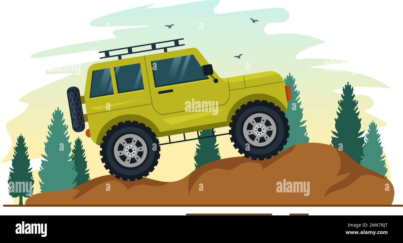 Illustration tout-terrain avec une voiture Jeep ou un vus pour traverser le terrain rocheux, les rivières et le sable dans des modèles tirés à la main de dessin de dessin de dessin animé Illustration de Vecteur