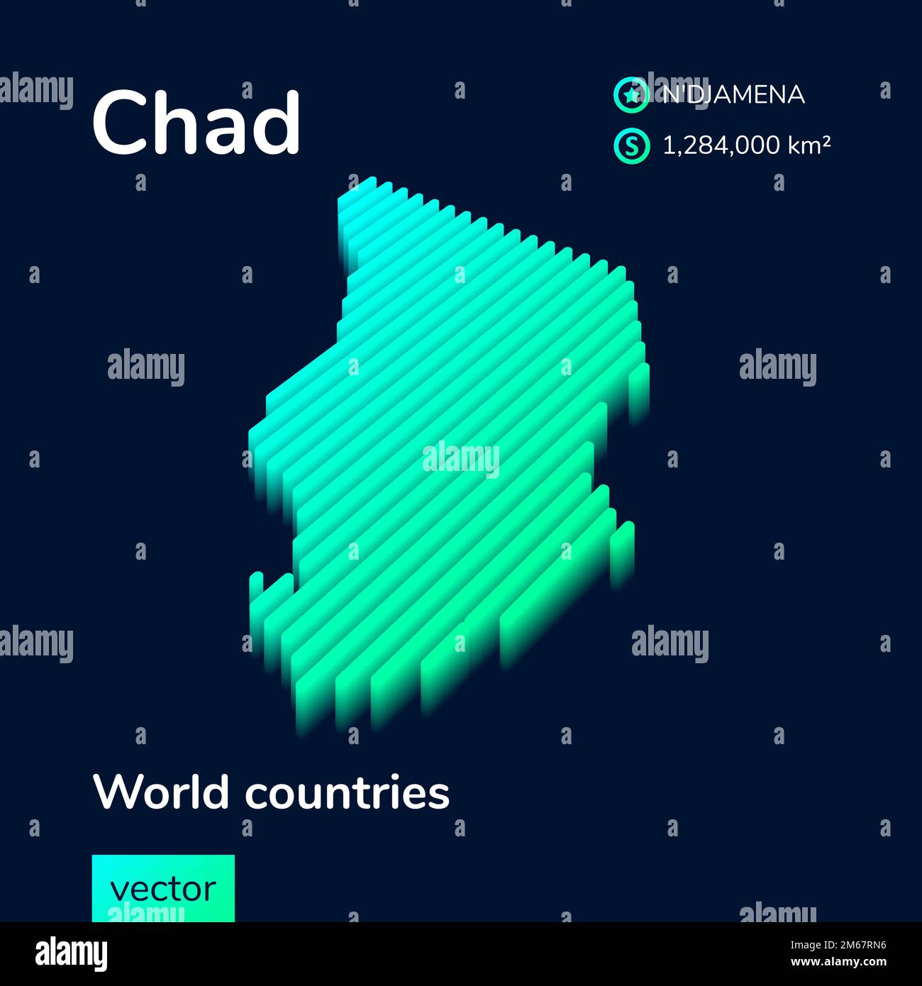 La carte isométrique à vecteur rayé stylisé 3D du Tchad est en vert néon et en couleur menthe sur le fond bleu foncé. Illustration de Vecteur