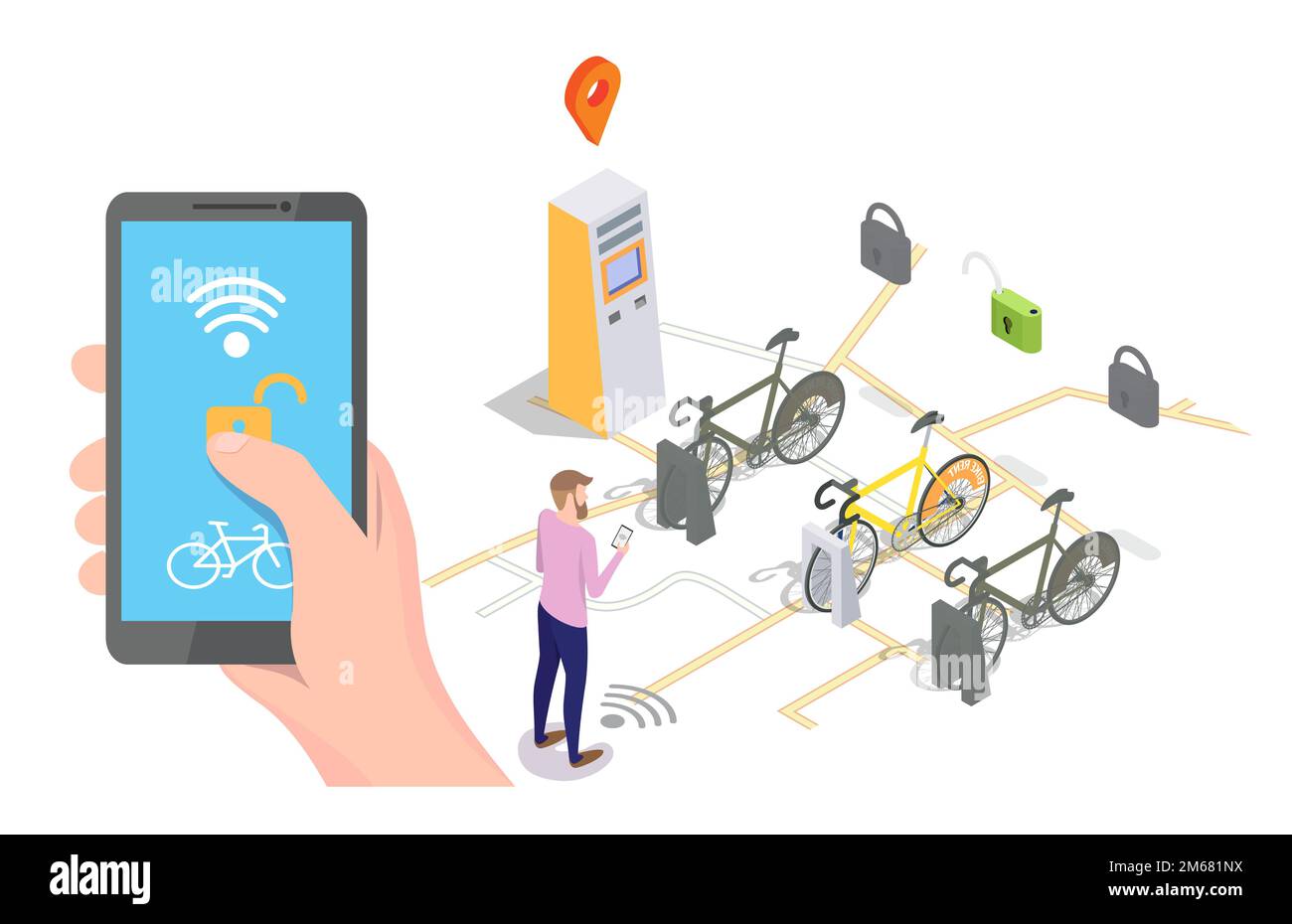 Station d'accueil isométrique Vector avec vélos disponibles à la location, terminal de paiement et vélo d'homme déverrouillant via smartphone. Vélo de partage et de location de mob Illustration de Vecteur