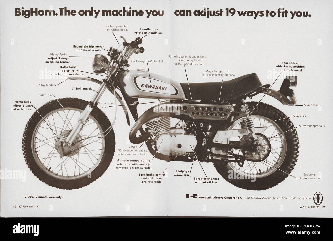 1970 Kawasaki 350 Motorcycle Vintage Advertising - Hot Rod Magazine Mai 1970 Banque D'Images