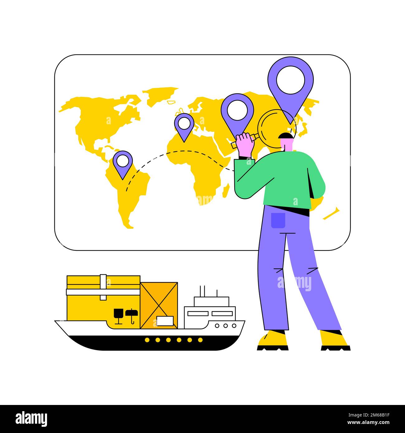 Illustration du vecteur de concept abstrait de suivi des navires. Numéro de navire, identification du navire maritime, emplacement de recherche, suivi du fret, trafic maritime, o Illustration de Vecteur